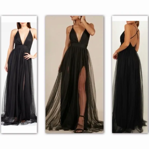 Black Tulle Maxi Dress Plunge Halter Open Back Slit Prom Evening Luxxel S NWT - Image 10