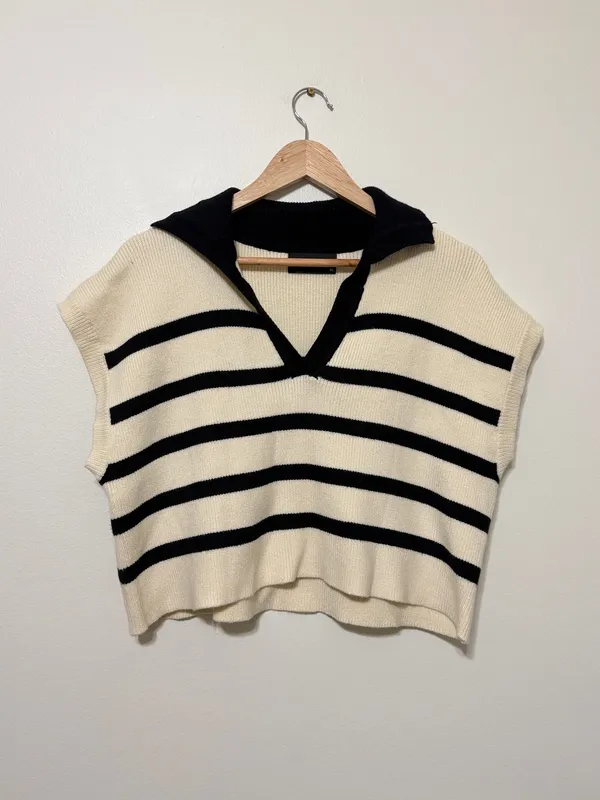 Cider Knit Striped Polo Vest Size XL Sweater Cream Black - Image 2