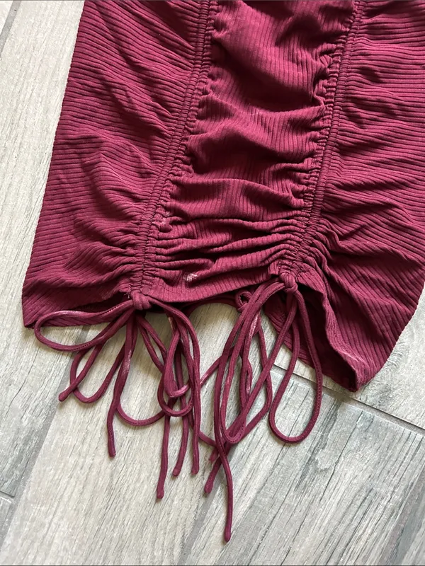 Ruched Tie-Front Mini Dress in Burgundy - Image 3