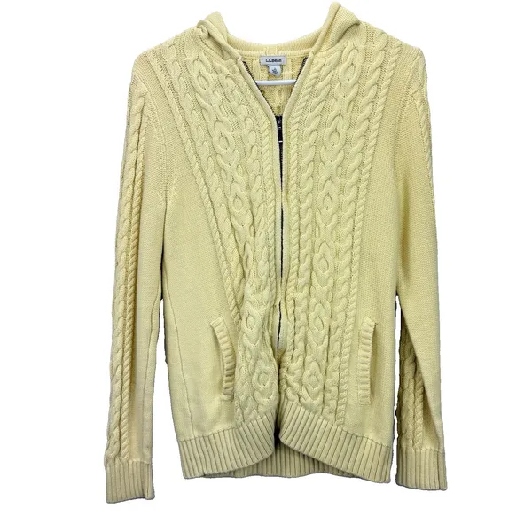 LL Bean Yellow Double L Mixed Cable Full Zip Hoodie Pockets Cotton Sweater SMALL - Image 3