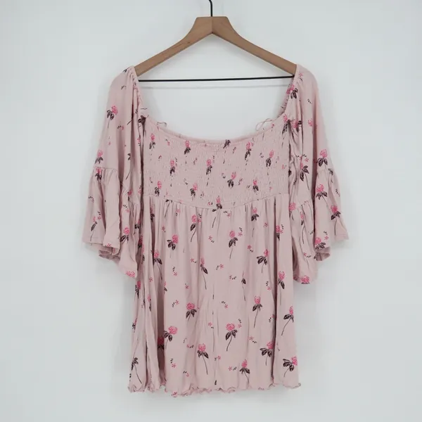 Free People Pink Floral Smocked Square Neck Bell Sleeve Blouse‎ Top M - Image 5