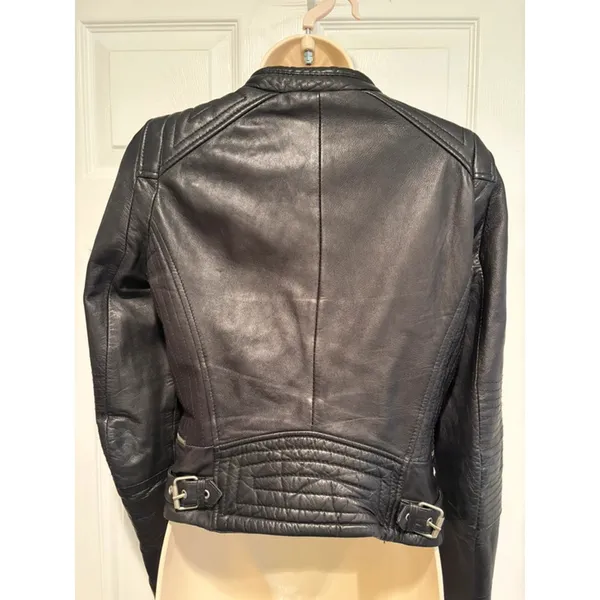 ZARA Trafaluc Genuine Leather Moto Medium Jacket Black Cropped Biker Y2K goth - Image 3