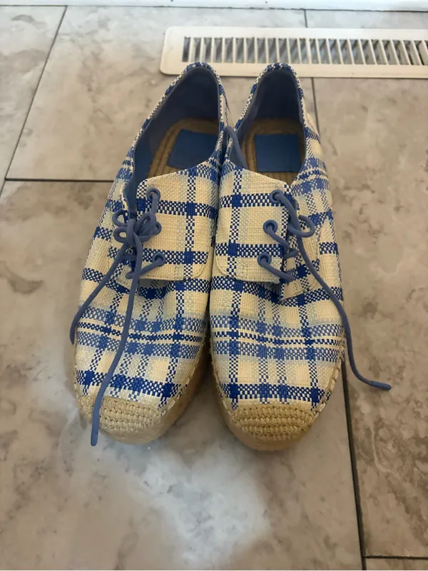 Tory Burch Florence Plaid Platform Espadrilles in Blue & White Jute - Image 4