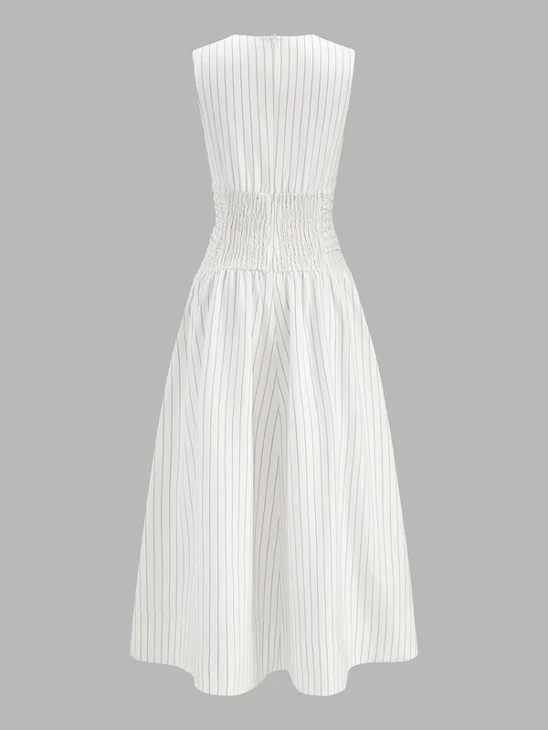Commense Cotton Blend Striped Ruched Maxi Dress White XS NWT Pockets - Image 3