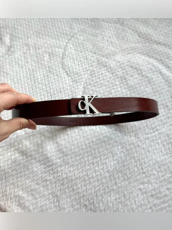 Calvin Klein Leather CK Logo Belt Women's 36 L Italian Saddle Leather Brown USA - Image 2
