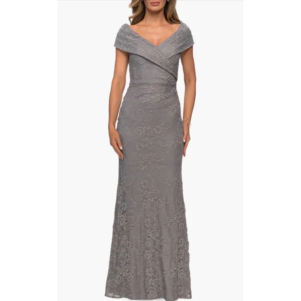 La Femme‎ 27982 Platinum Lace Off Shoulder Gown Size 16 NWOT - Image 2