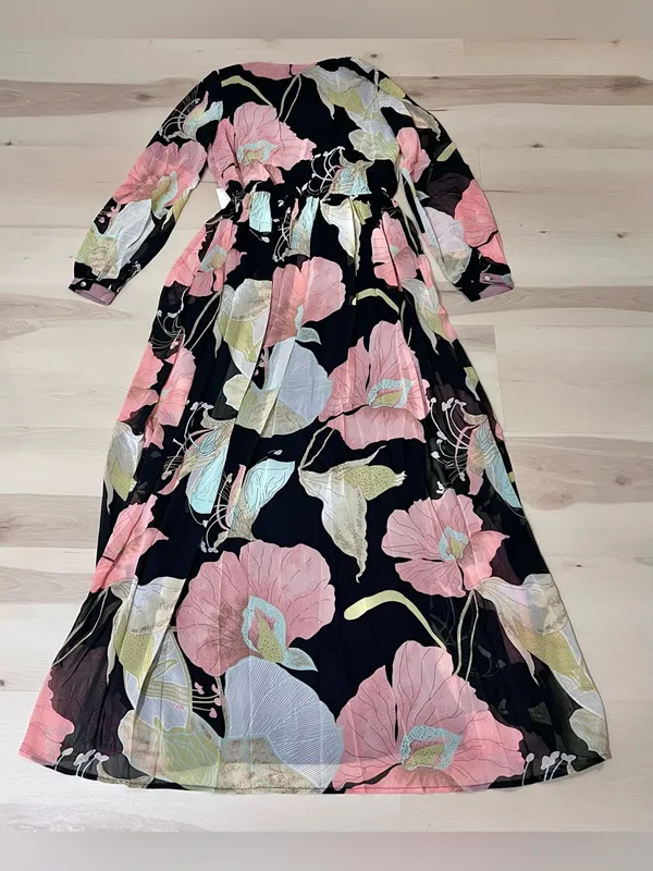 Lulus NWT Women Medium Black Pink Floral Lily Print Maxi Dress Summer Wedding - Image 15