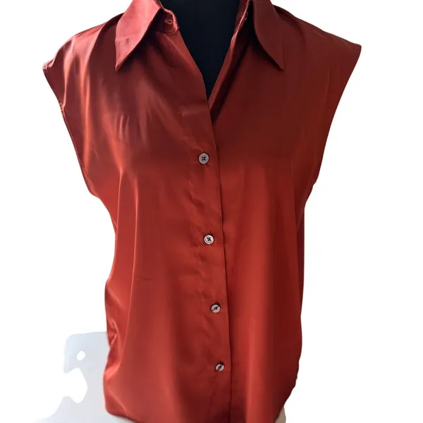 Banana Republic Rust Red Sleeveless Blouse Small Oversized Collar Button Front - Image 2