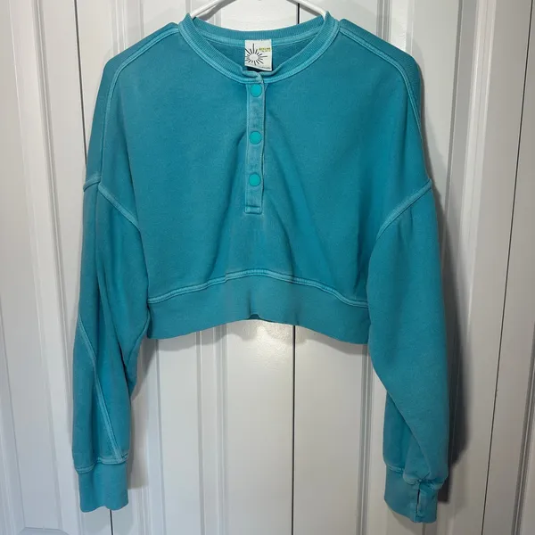 OFFLINE by Aerie Sweatshirt Throwback Snap Fleece XS Blue Henley Got Water Crop - Image 2