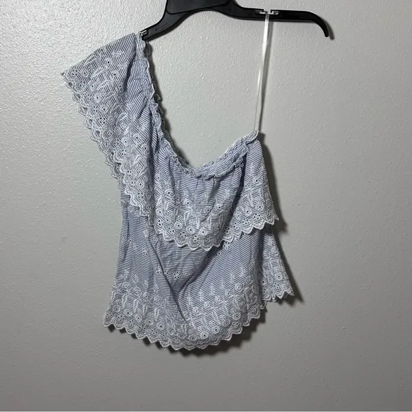American Eagle Women Blue Embroidered‎ Ruffle One Shoulder Top Blouse XS - Image 2