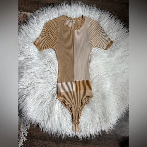 Free People Block Party Swit Bodysuit Beige Tan Colorblock Small - Image 5
