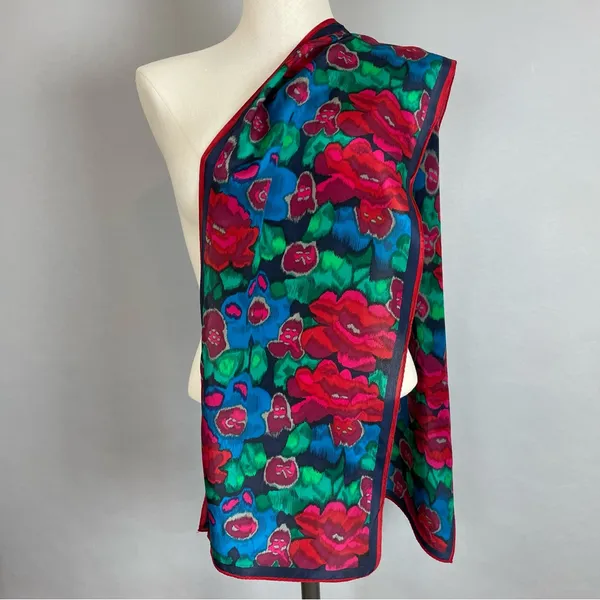 Vintage‎ Scarf Floral Long Jewel Tones Red Green Blue Classic Moody Timeless - Image 4