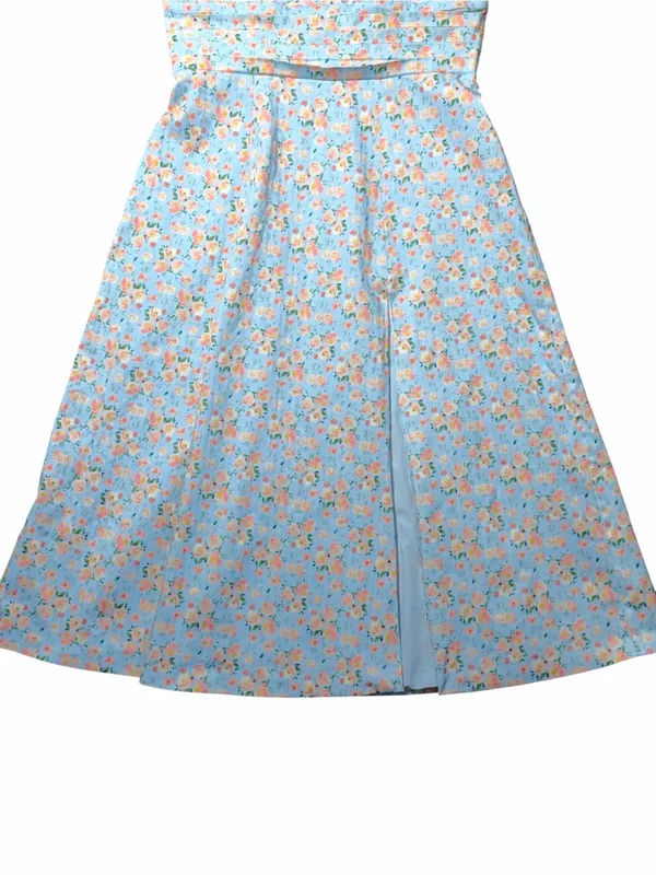 Lavish Lice Blue Floral Pleated Tie Strap Cotton Blend Midi Dress Womens 12 - Image 4