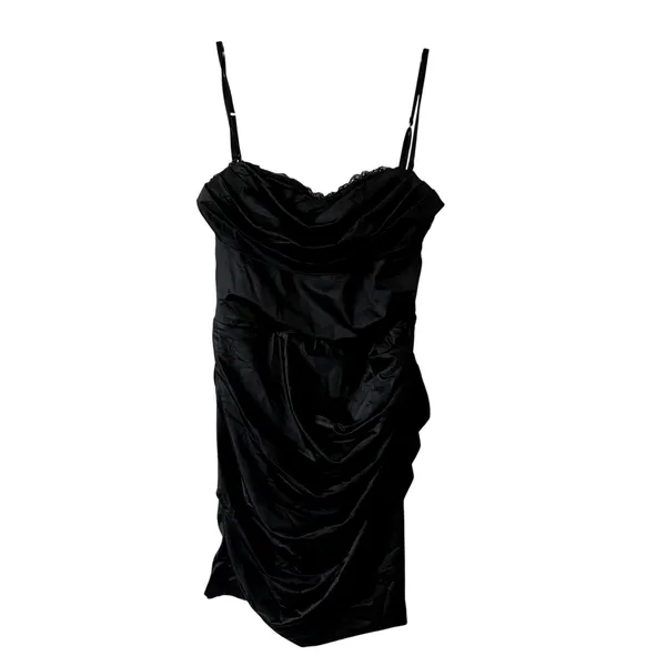 Oh Polly Yesenia Satin Scalloped Bandeau Ruched Mini Dress Black Size 4 New - Image 3