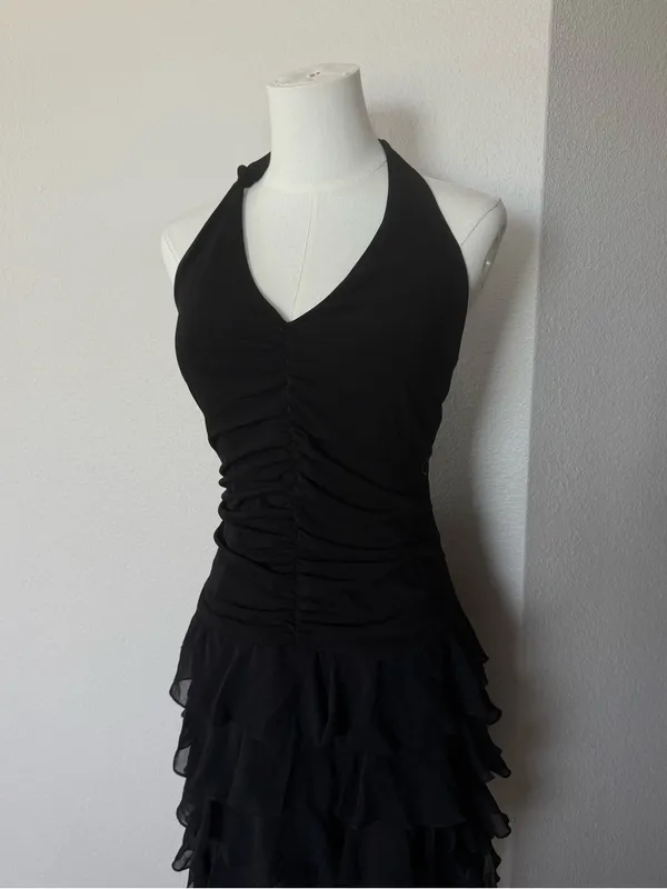 Betsy & Adam Y2K Whimsigoth Black Halter Ruffle Cascade Mini Dress Sz 12 - Image 2