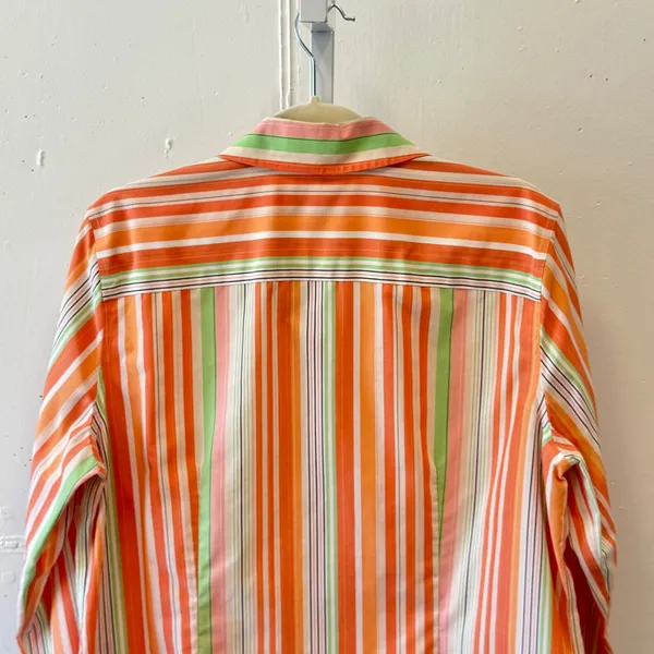 Y2K Coldwater Creek Large Orange Green Striped Cotton‎ Button Down Shirt H33599 - Image 4
