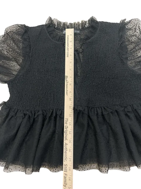 ZARA Black Dotted Sheer Smocked Puff Sleeve Layering Babydoll Blouse - Image 3