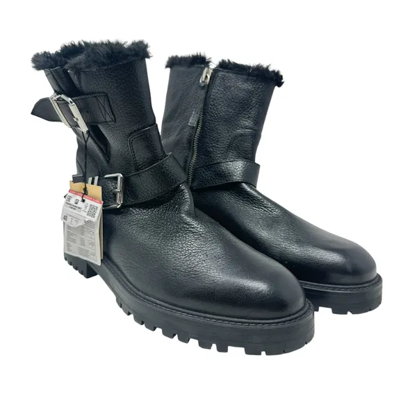 Zara Moto Ankle Boots Leather‎ Buckle Shearling Lined Black Size 40 US 9 - Image 4