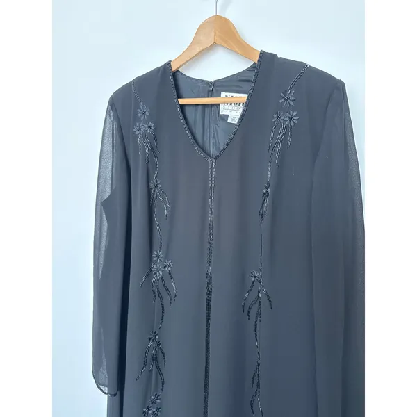 1990s Night Studio black beaded chiffon gown with sheer overlay & sleeves 16 - Image 10