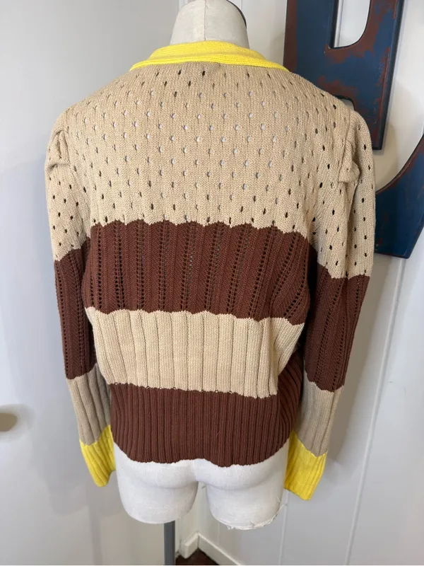 Calligraphie V-Neck Striped Knit Cardigan brown stripes with Yellow Trim Sz L - Image 3