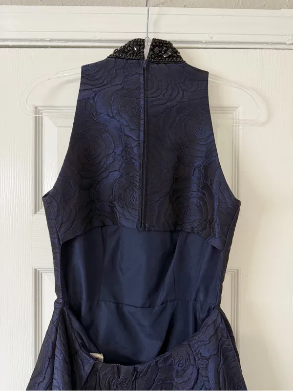 Sherri Hill Navy Halter Fit & Flare Cocktail Dress with Beaded Collar Size 6 Y2K - Image 5