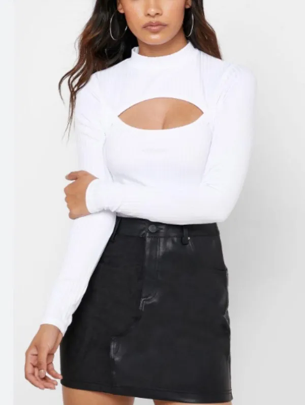 Missguided White Fluffy Rib High Neck Cut Out Bodysuit - Image 2