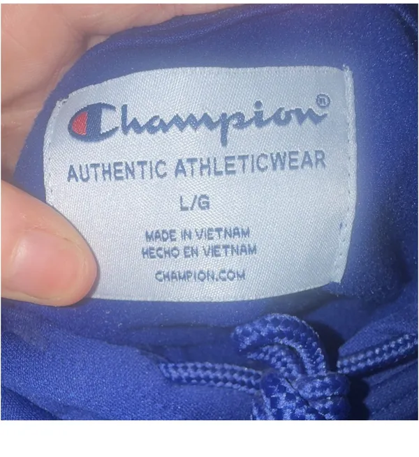 Champion Blue Fleece Pullover Hoodie Logo Drawstring Pockets Men L Regular - Image 3