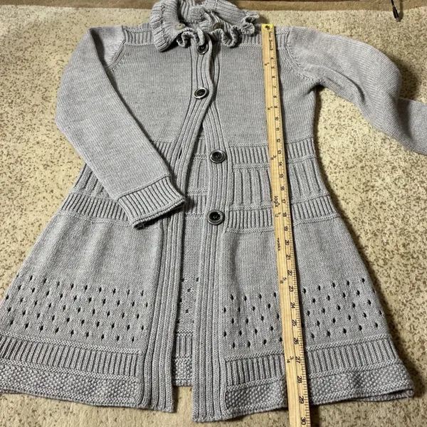 Dark Academia Coquette Wool Blend Ruffle Neck‎ Long Cardigan Women M Grey Knit - Image 2