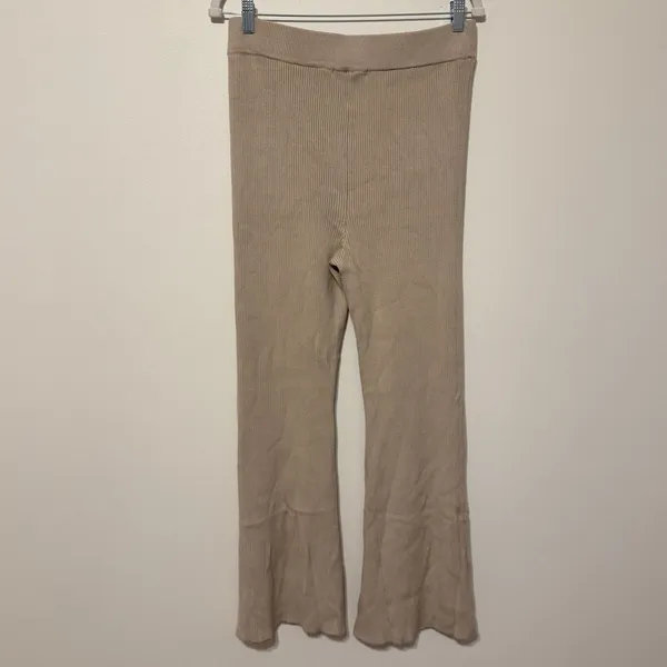 Abercrombie & Fitch Beige Ribbed Knit Flare Wide Leg Slit Pants Size Large - Image 6