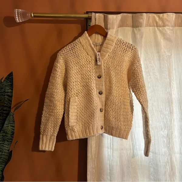 Madewell Wool Bomber‎ Cardigan Sweater Chunky Knit Cream Fisherman $148 NWT XXS - Image 3