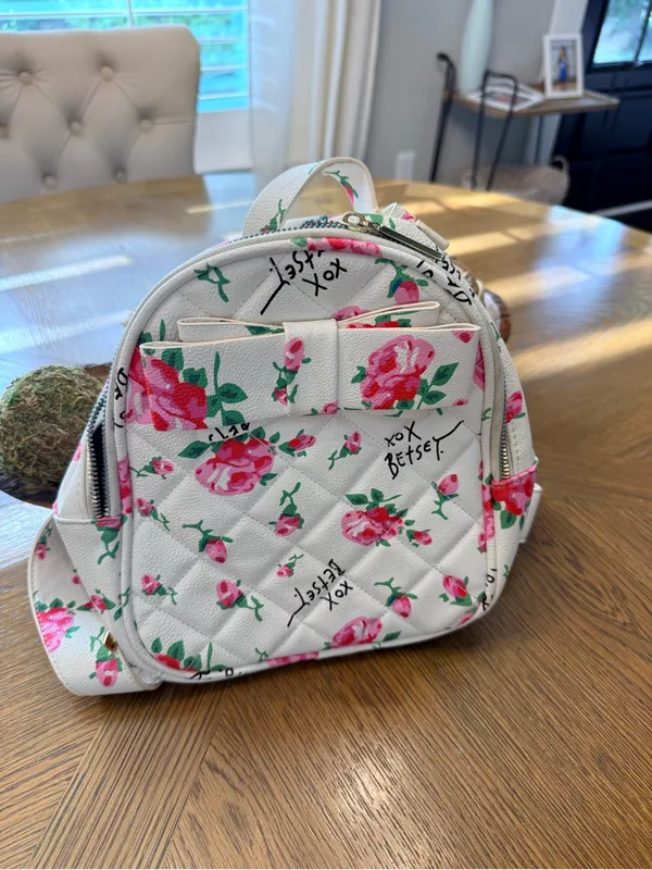 Betsey Johnson Floral Mini Backpack White Pink Roses Bow Purse - Image 2