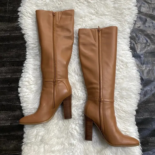 Nine West Brown Tan Knee High Faux Leather Boots Buckle Detail Quiet Luxury - Image 2