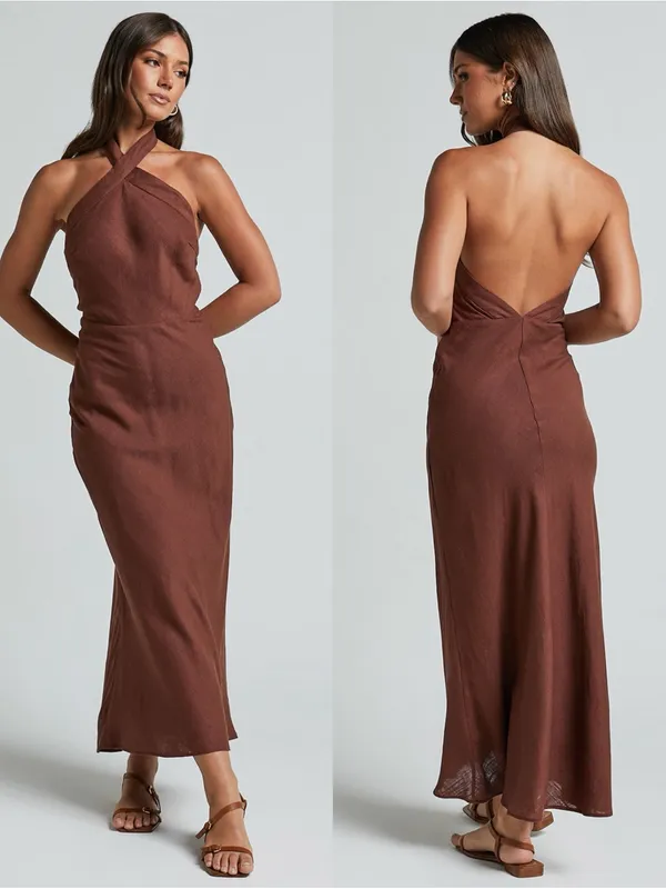 SHOWPO Maelynn Linen Twist Halter Neck Low Back Slip Dress In Chocolate - Image 2
