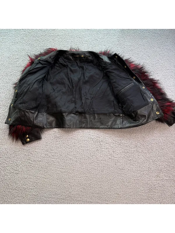 Balmain x H&M 2015 Red Black Faux Fur Leather Trim Cropped Jacket Women's US - Image 8