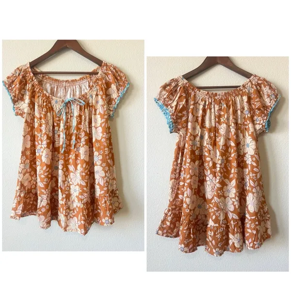 Free People Boho Floral Tunic Top Orange S Cotton Tie Neck Cap Sleeve Ruffle Hem - Image 3