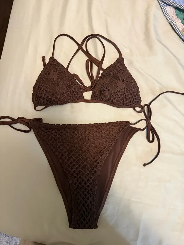 No Boundaries Brown Crochet Triangle Bikini Set - Image 3