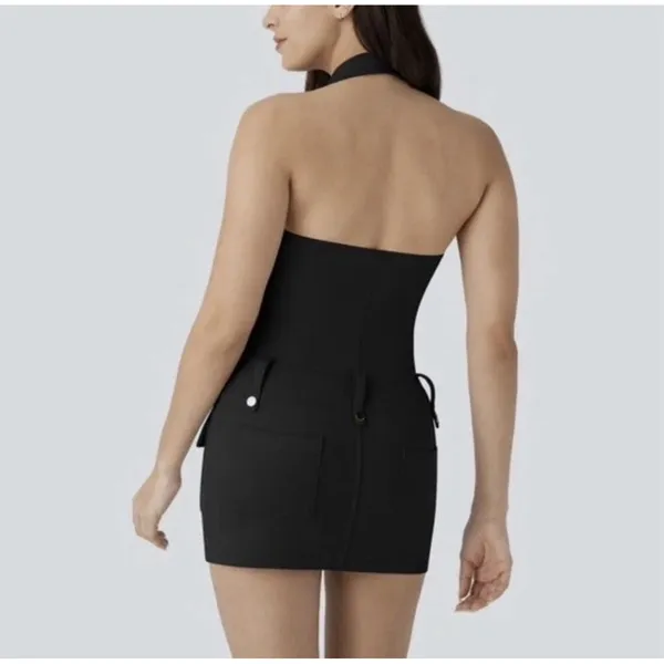 Halara Women's XS Black Halter Neck Sleeveless Mini Dress Zip Front Pockets - Image 2