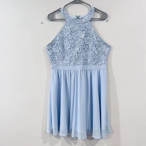 Lulus‎ Lover's Game Baby Blue Lace Chiffon Halter Skater Dress XL - Image 5