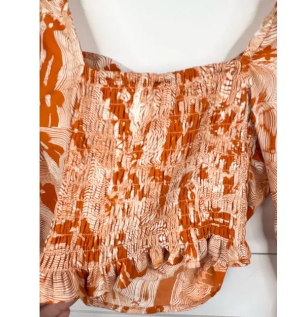 Open Edit Orange White Cowl Neck Long Sleeve Top XXS Smocked Back - Image 5