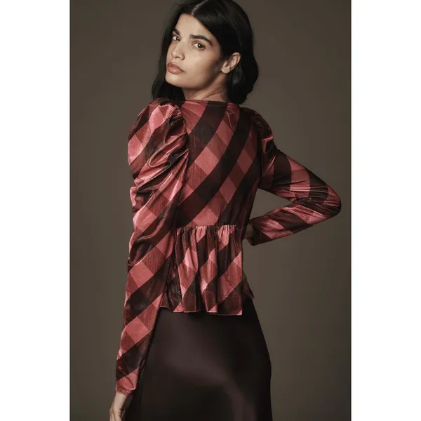 Maeve Anthropologie Pink Plaid Velvet Babydoll Top Medium‎ Coquette Academia - Image 5