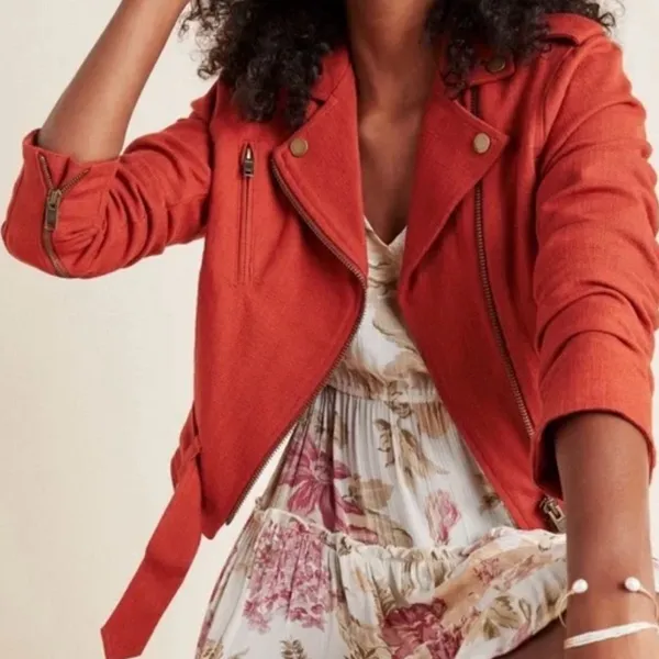 FRYE x Anthropologie Cropped Vita Cotton Moto Jacket in Burnt Cedar‎ Size XS - Image 4