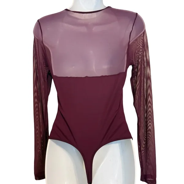 FEELINGIRL‎ Burgundy Sheer Mesh Long Sleeve Sweetheart Neck Bodysuit NWT Medium - Image 5
