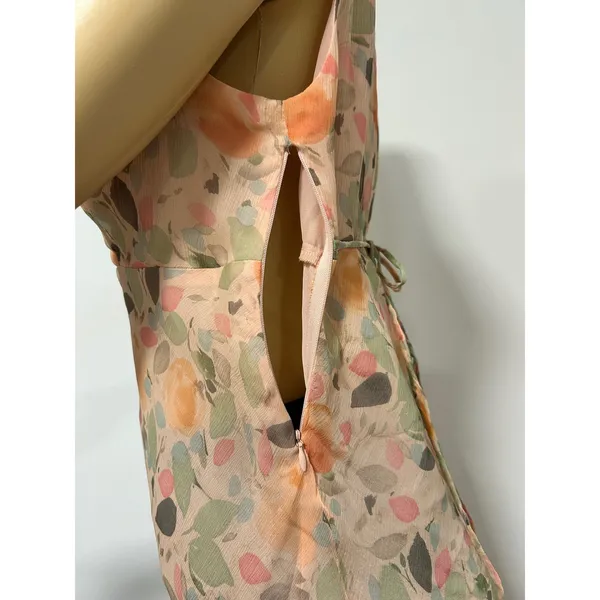 Y2K Mimi Maternity Silk Floral Midi Dress Peach V-Neck Ruffle Whimsy Fairy Small - Image 5