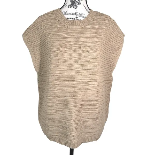 Women's Beige Ribbed Knit Sweater Vest Size L Sleeveless Pullover Fall Top - Image 2