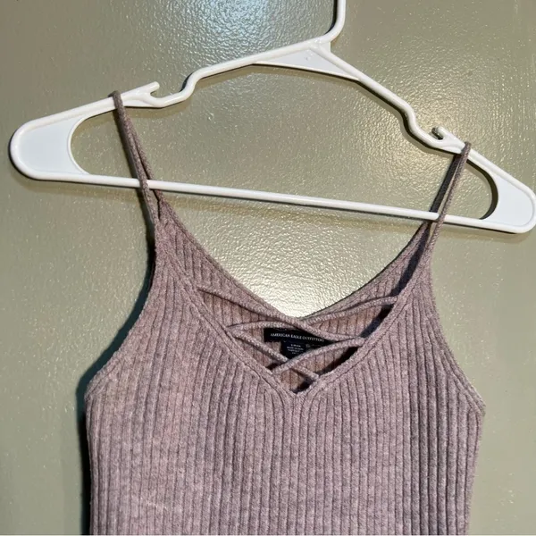 American Eagle‎ Women's Size Small Knit Tank Top Ribbed Beige V-Neck Lace Up - Image 3