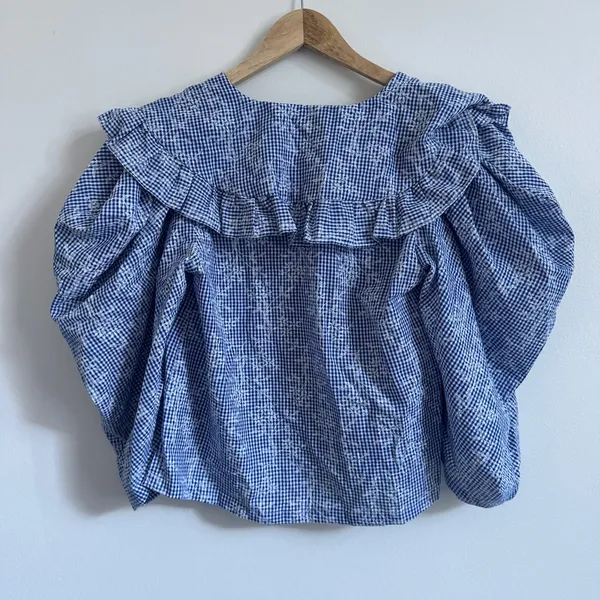 NEW Gigio Gingham Floral Puff Sleeve Top size small blue ruffle boho NWT blouse - Image 6