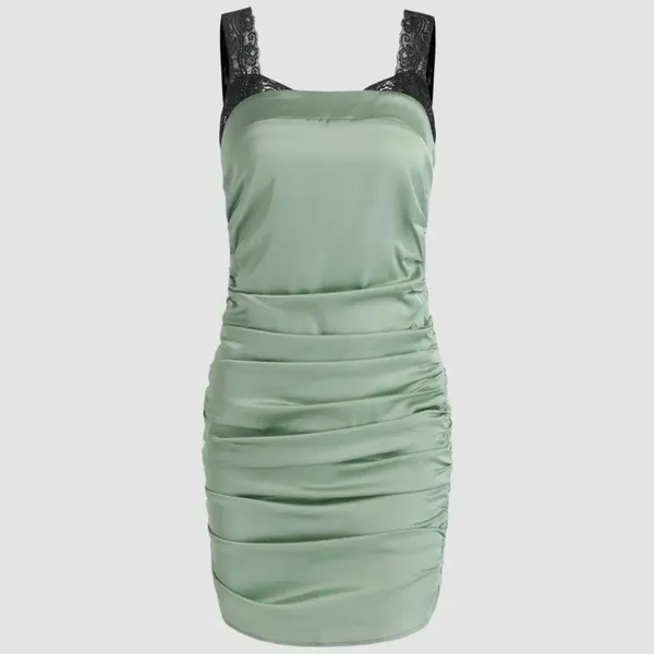 Cider Light Green with Black Lace‎ Shoulder Straps Slip Dress Side Rouching SZ M - Image 6