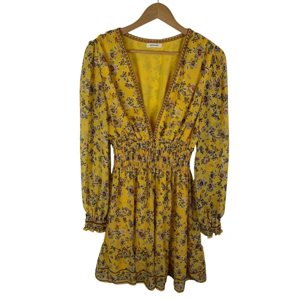 Max Studio Yellow Floral Smocked V-Neck‎ Mini Dress Cottage Boho Feminine Spring - Image 2