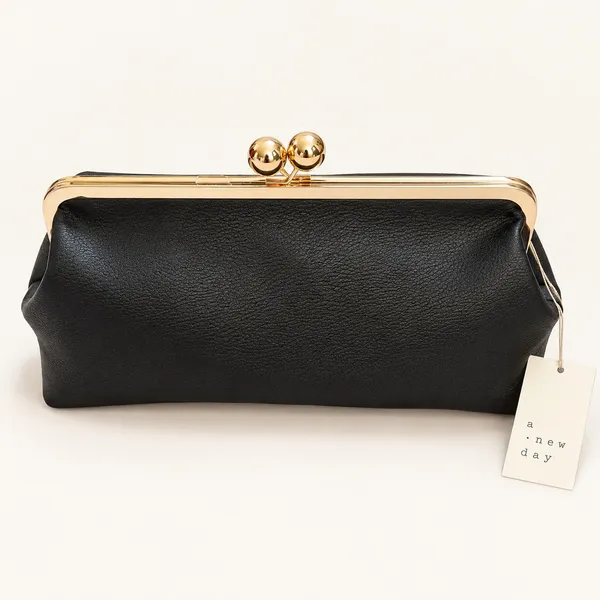 A New Day Black Pebbled Frame Clutch Bag Gold Kiss Lock Shoulder Bag NWT - Image 6