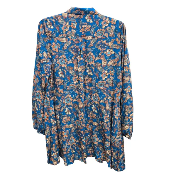 Natural Life Blue Floral‎ Paisley Button Front Mini Dress XL Long Sleeve Boho - Image 4